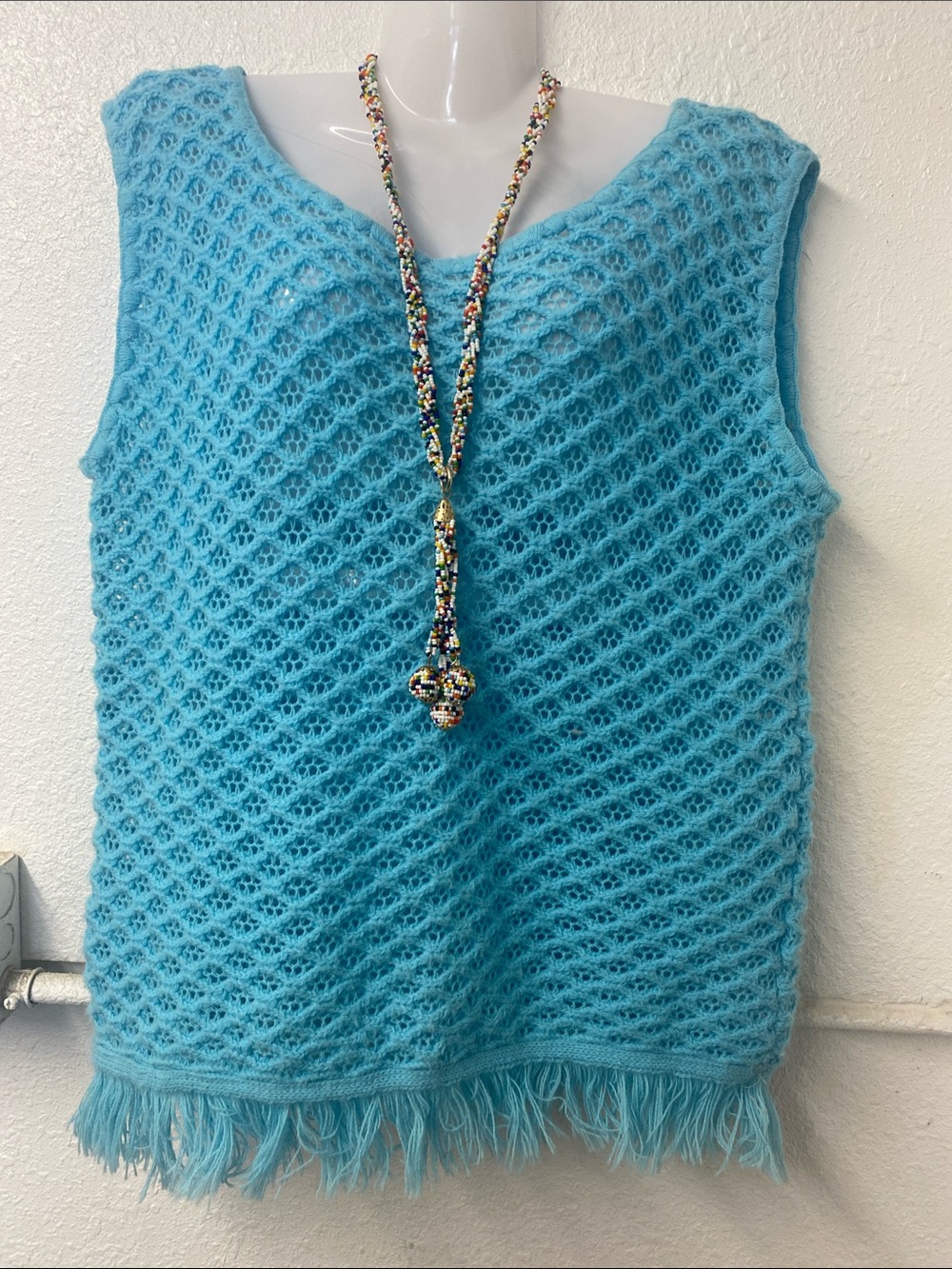 Vintage 60s - hand knit- Light Blue Crochet Knit Fringe Sleeveless Top